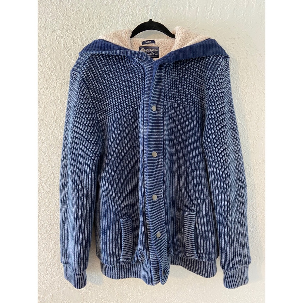 Mens Blue Fur Knit Button up Jacket
